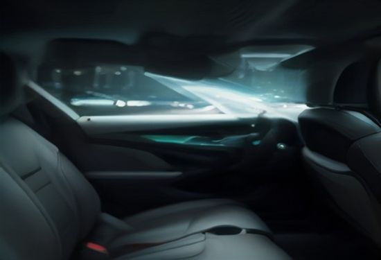 Close-up of futuristic self-driving car interior with AI interface displaying real-time voice explanations of driving decisions on glowing digital screens