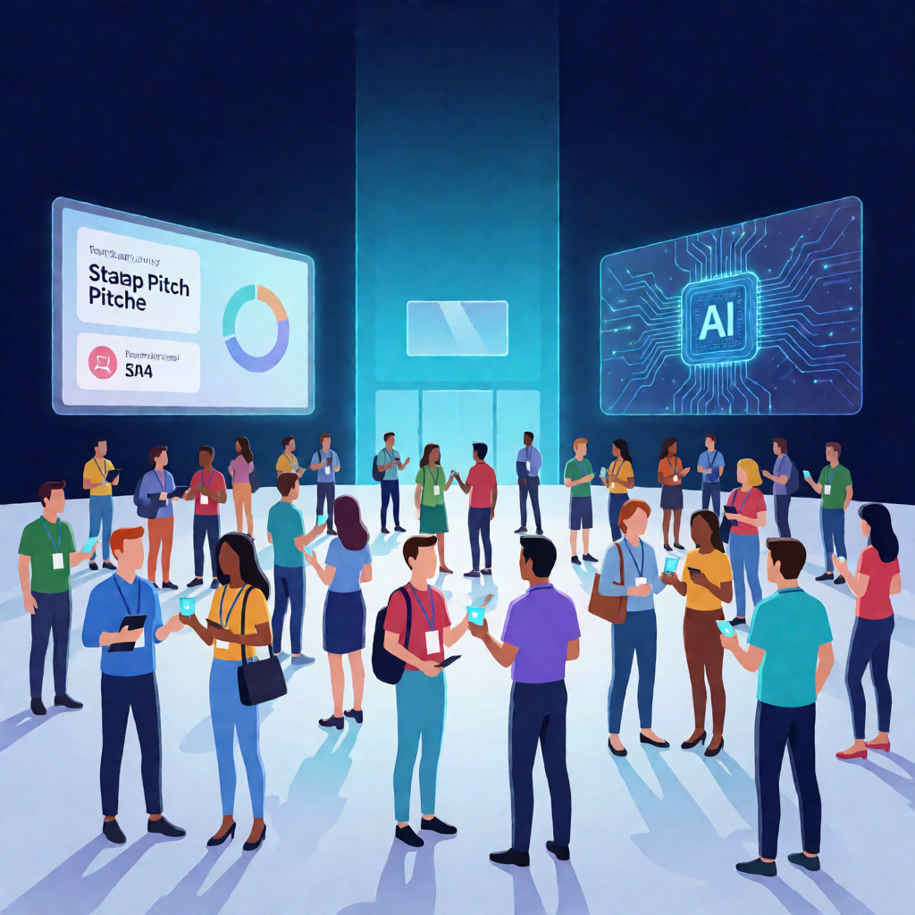 crowd of diverse tech professionals mingling at a large modern conference venue with startup pitch screens and AI technology displays
