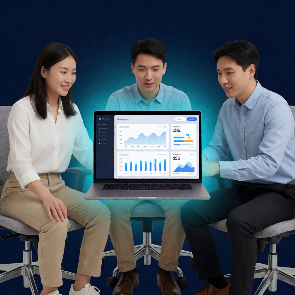 Startup team collaborating on AI benchmarking analysis laptop dashboard