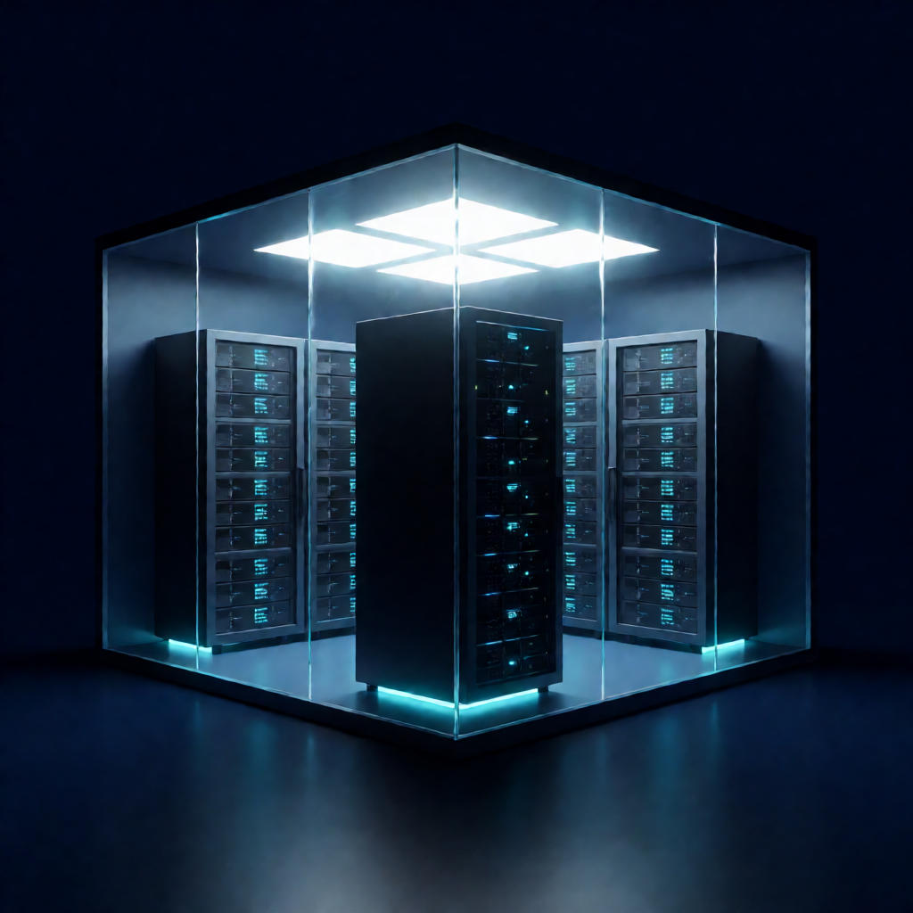 silhouette of mysterious ai data center with glowing servers in dark room cinematic dramatic lighting