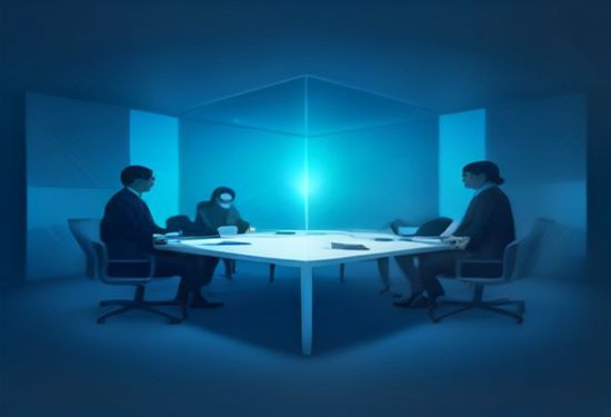 bank professionals collaborating with AI tools in a contemporary workspace