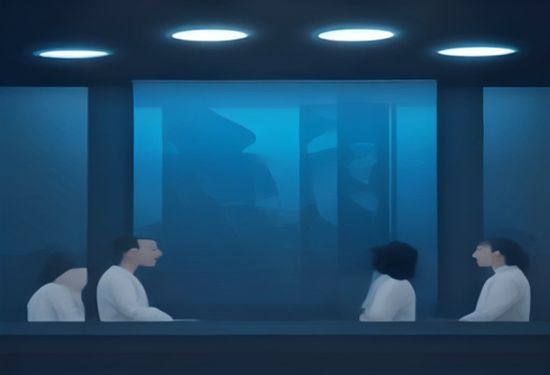 office scene with workers and digital interfaces