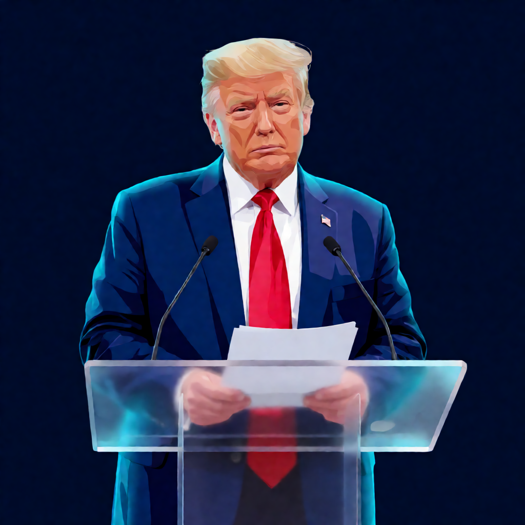 Donald Trump standing at podium during press briefing holding papers