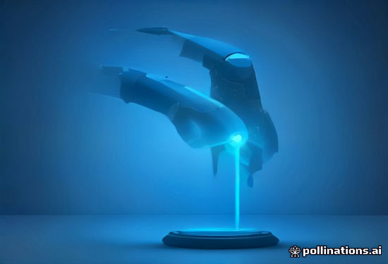 A futuristic robot arm working with glowing holographic interface components