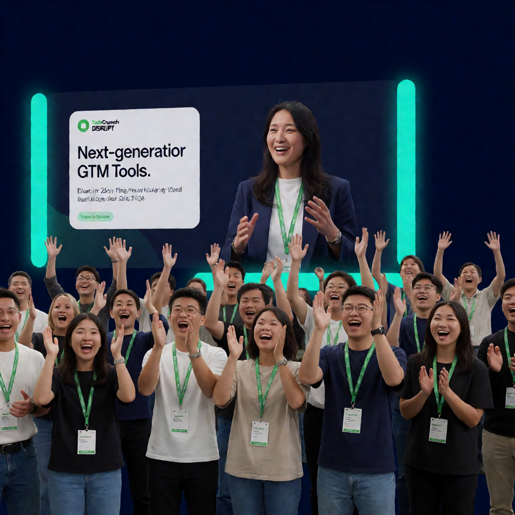 TechCrunch Disrupt 2026 Builders Stage crowd cheering as AI panel discusses next generation GTM tools on large screen behind stage