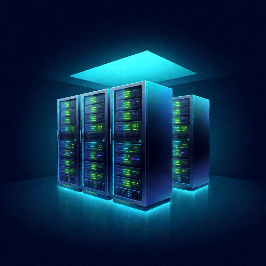 AI data center servers glowing green blue lights in dark room