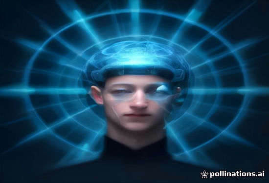 Meta CEO Mark Zuckerberg standing beside large glowing AI neural network visualization with golden abstract light trails