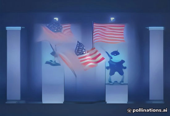 AI robots casting votes at polling station with American flags in background photorealistic style