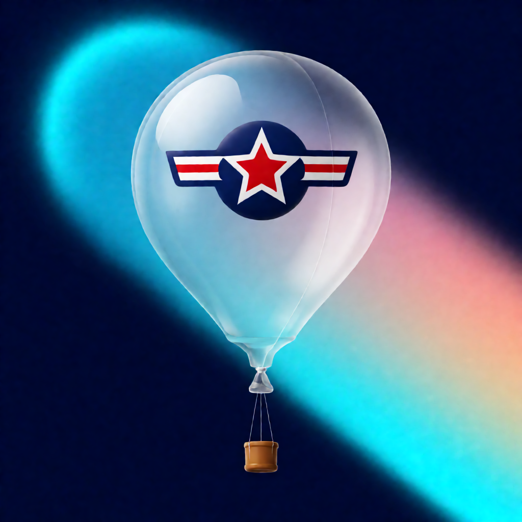 windborne weather balloon launch at sunset with air force insignia