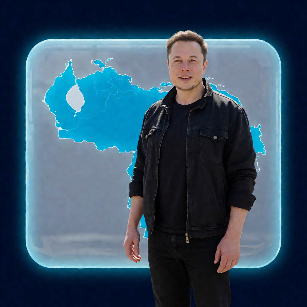 Elon Musk standing next to a giant glowing AI chatbot screen with Venezuela map displayed behind it