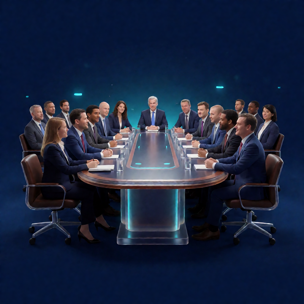 White house press conference with tech executives seated around a large table, dramatic overhead lighting, wide angle
